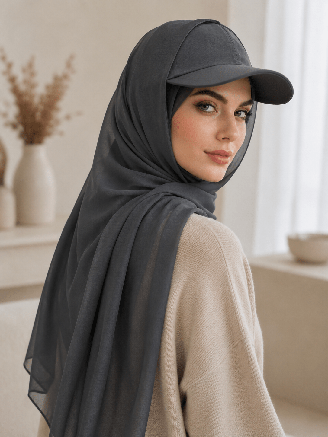 RY601 Charcoal Chiffon Hijab Baseball Cap – Sun Protection Scarf Hat - Raya