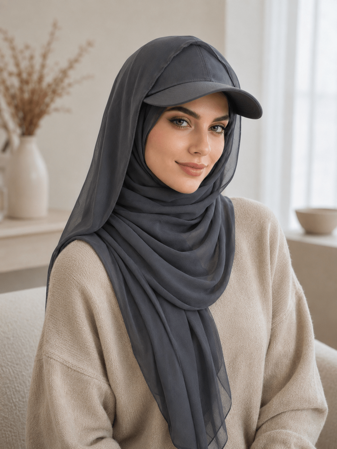 RY601 Charcoal Chiffon Hijab Baseball Cap – Sun Protection Scarf Hat - Raya