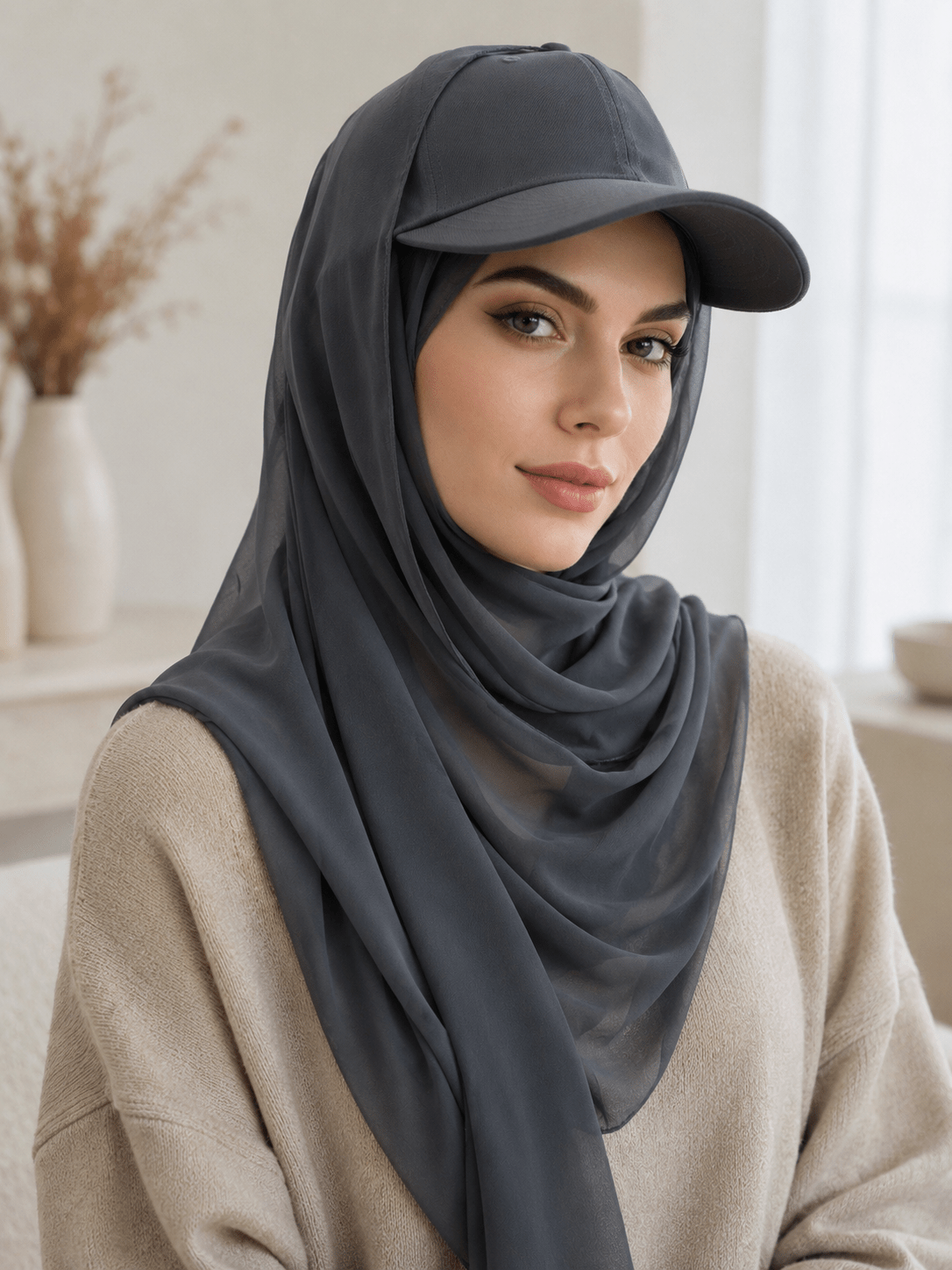 RY601 Charcoal Chiffon Hijab Baseball Cap – Sun Protection Scarf Hat - Raya