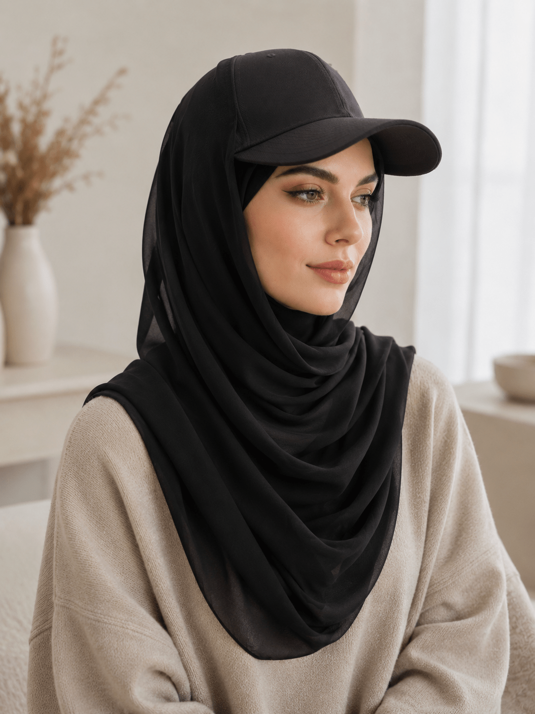 RY602 Coffee Brown Chiffon Hijab Baseball Cap – Lightweight Visor Scarf - Raya