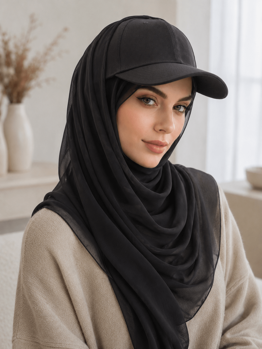 RY602 Coffee Brown Chiffon Hijab Baseball Cap – Lightweight Visor Scarf - Raya