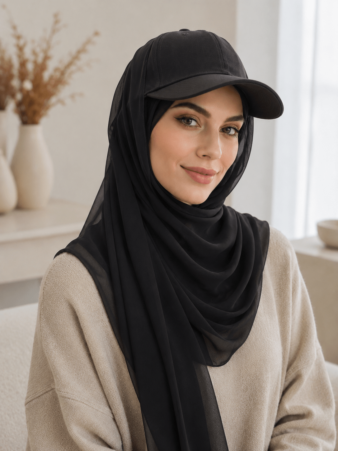 RY602 Coffee Brown Chiffon Hijab Baseball Cap – Lightweight Visor Scarf - Raya