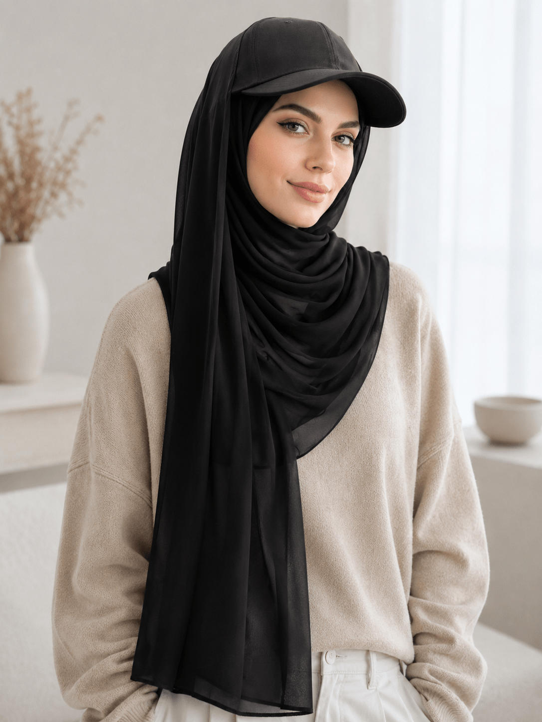 RY602 Coffee Brown Chiffon Hijab Baseball Cap – Lightweight Visor Scarf - Raya