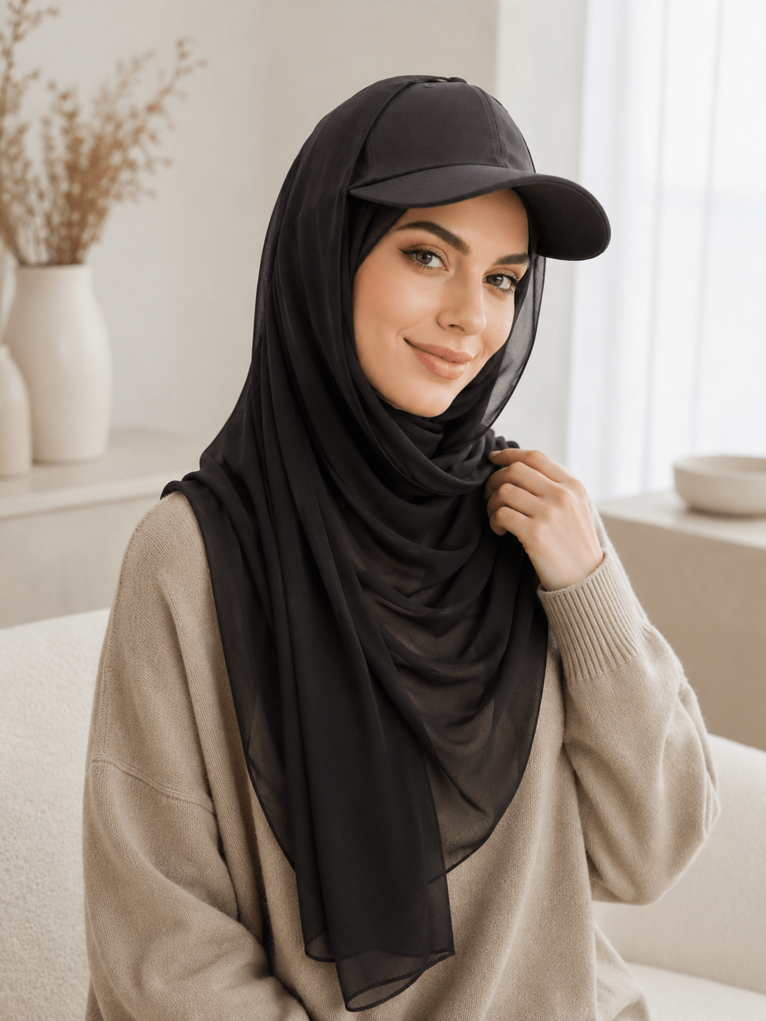 RY602 Coffee Brown Chiffon Hijab Baseball Cap – Lightweight Visor Scarf - Raya