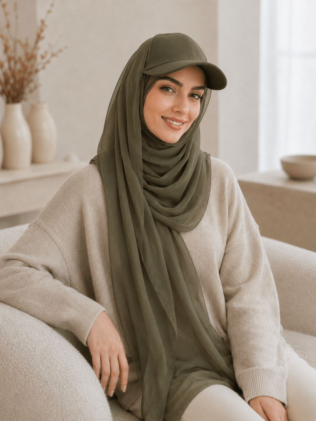 RY603 Olive Green Chiffon Hijab Baseball Cap – Lightweight Visor Scarf - Raya
