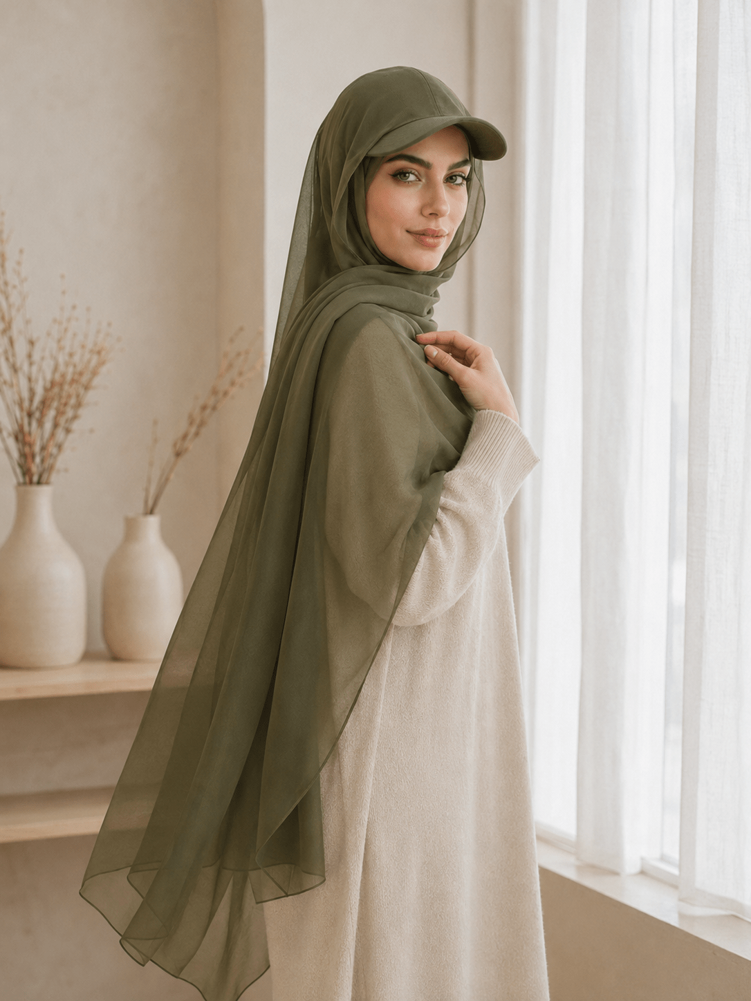 RY603 Olive Green Chiffon Hijab Baseball Cap – Lightweight Visor Scarf - Raya