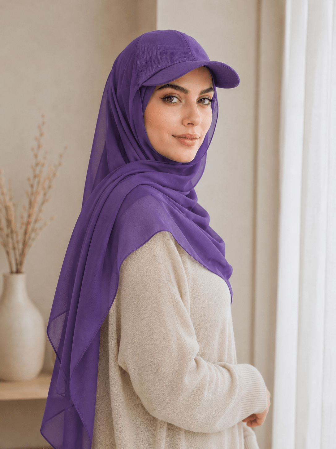 RY604 Deep Purple Chiffon Hijab Baseball Cap – Lightweight Visor Scarf Hat for Women - Raya