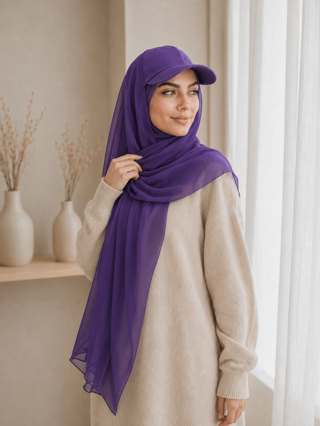 RY604 Deep Purple Chiffon Hijab Baseball Cap – Lightweight Visor Scarf Hat for Women - Raya