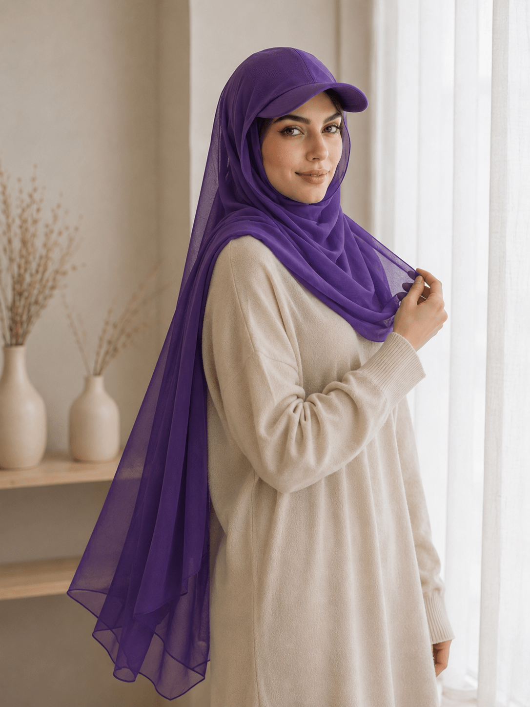 RY604 Deep Purple Chiffon Hijab Baseball Cap – Lightweight Visor Scarf Hat for Women - Raya