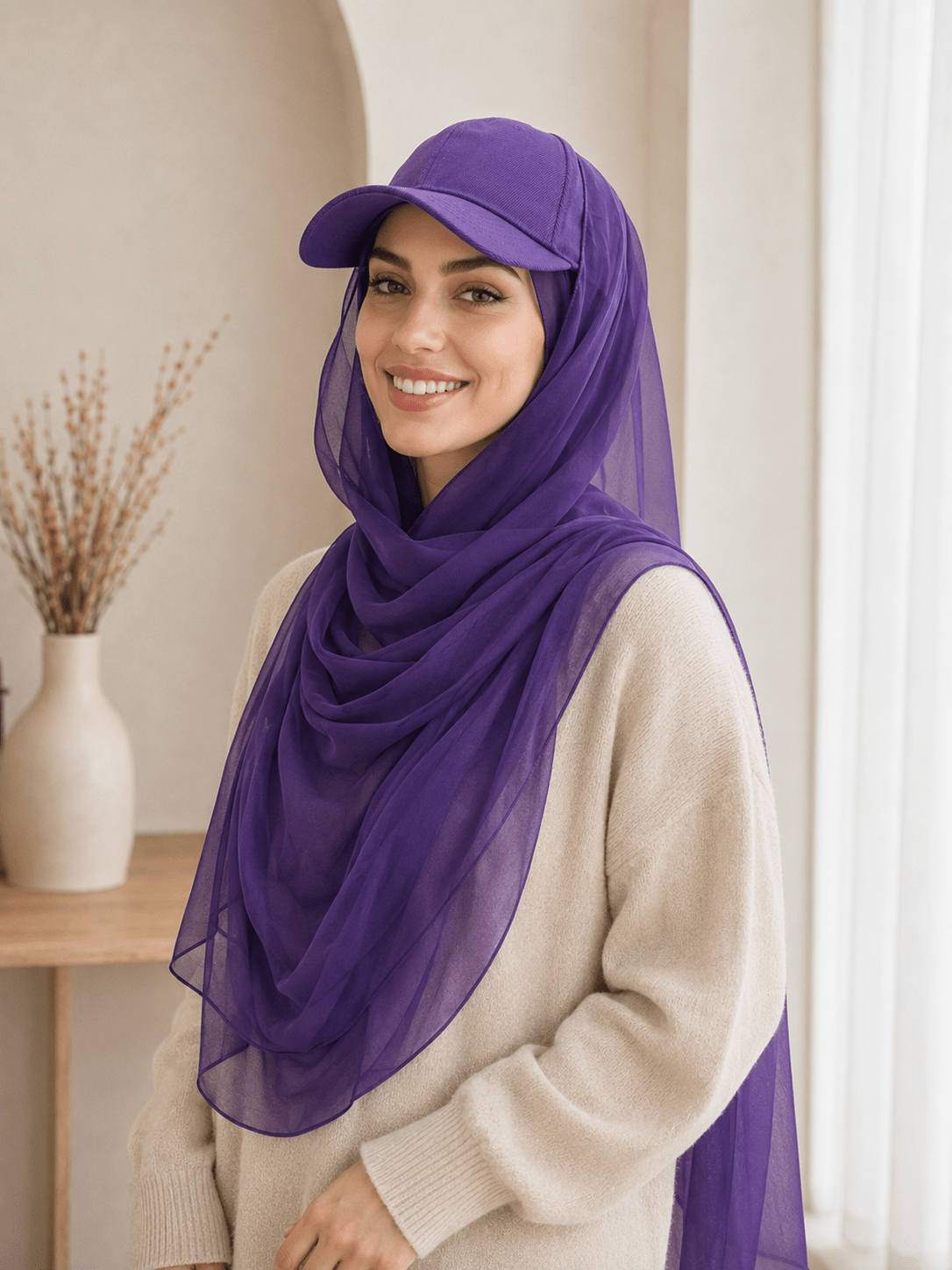 RY604 Deep Purple Chiffon Hijab Baseball Cap – Lightweight Visor Scarf Hat for Women - Raya