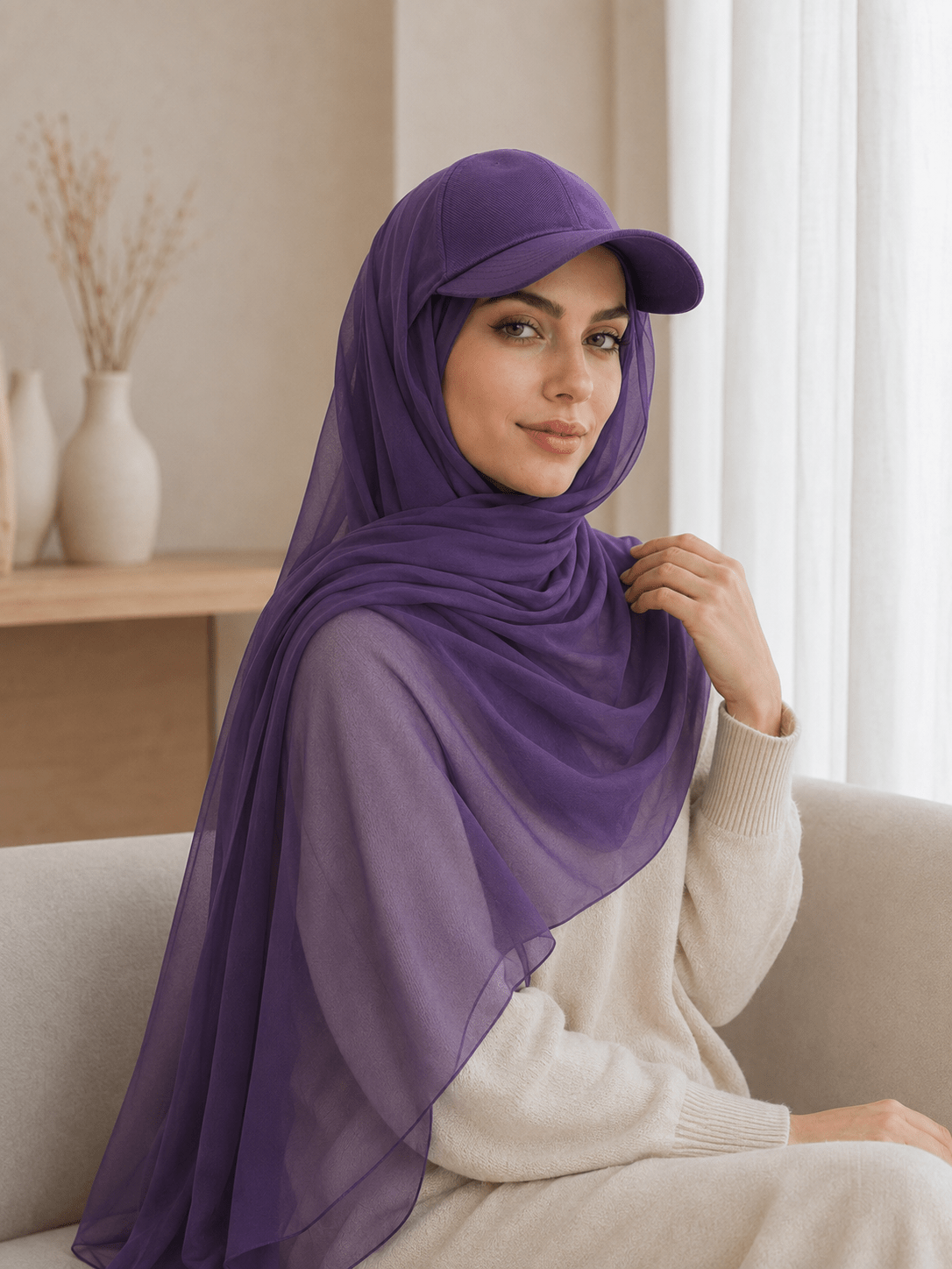 RY604 Deep Purple Chiffon Hijab Baseball Cap – Lightweight Visor Scarf Hat for Women - Raya