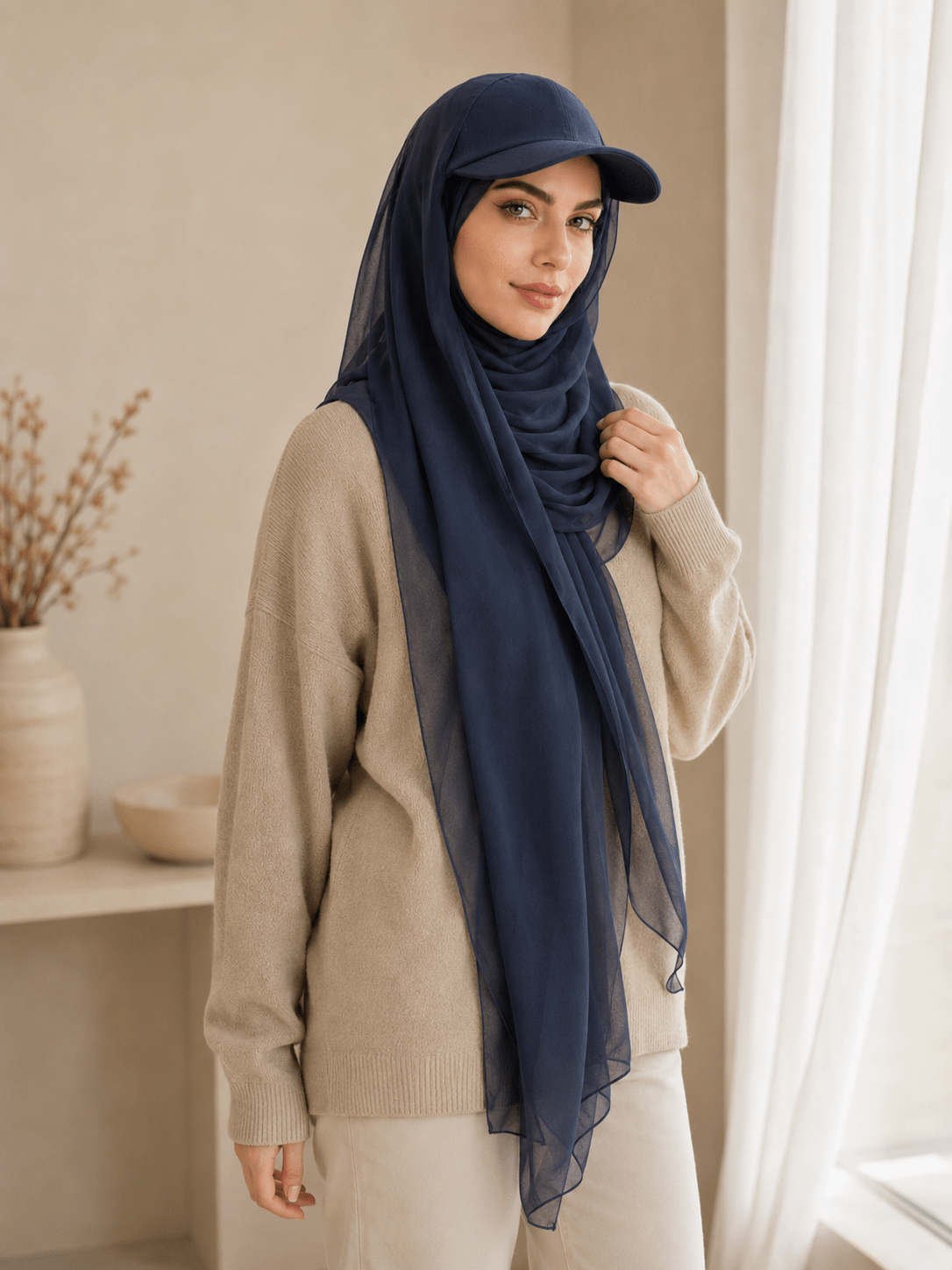 RY605 Navy Blue Chiffon Hijab Baseball Cap – Lightweight Visor Scarf - Raya