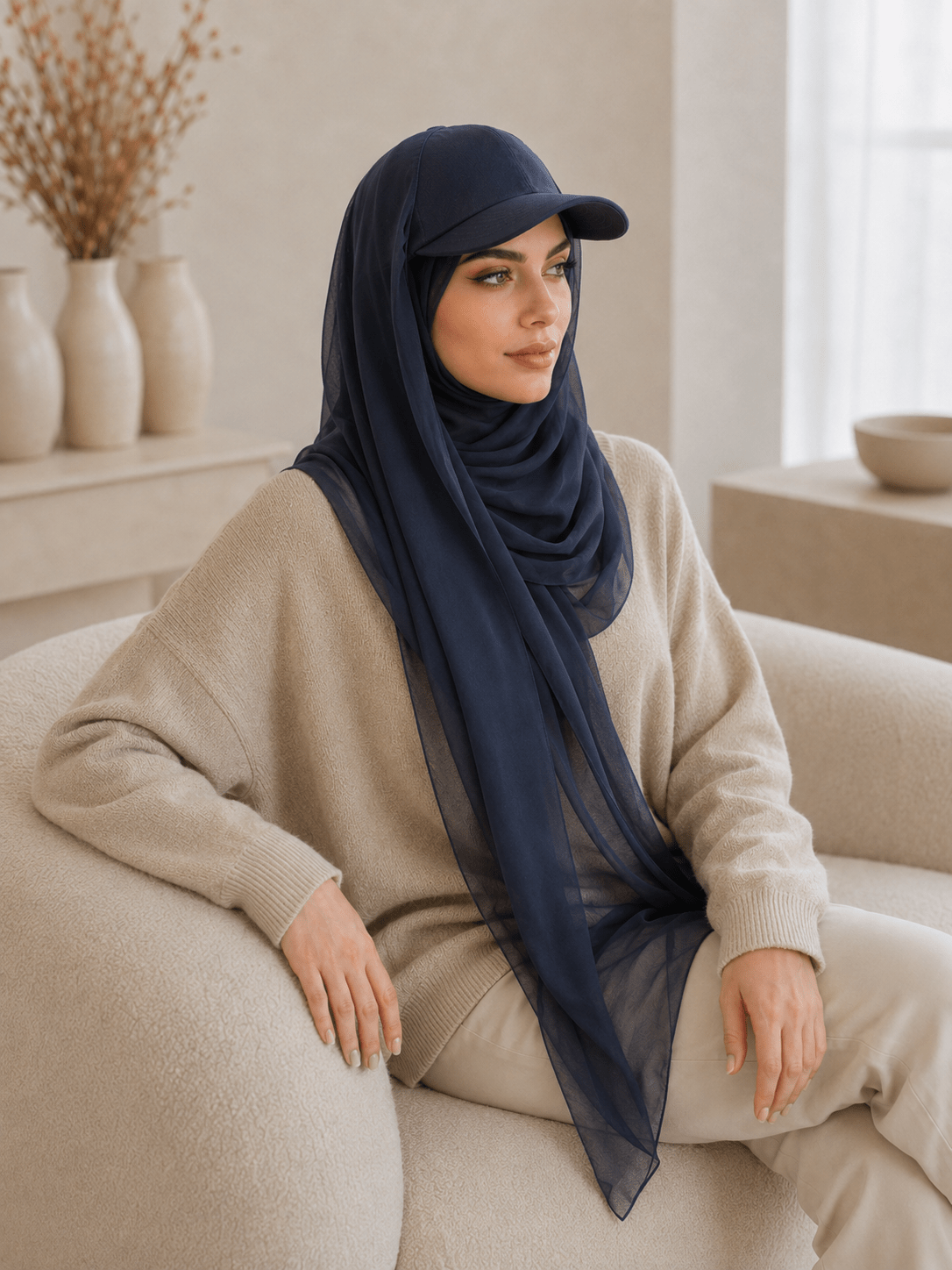 RY605 Navy Blue Chiffon Hijab Baseball Cap – Lightweight Visor Scarf - Raya