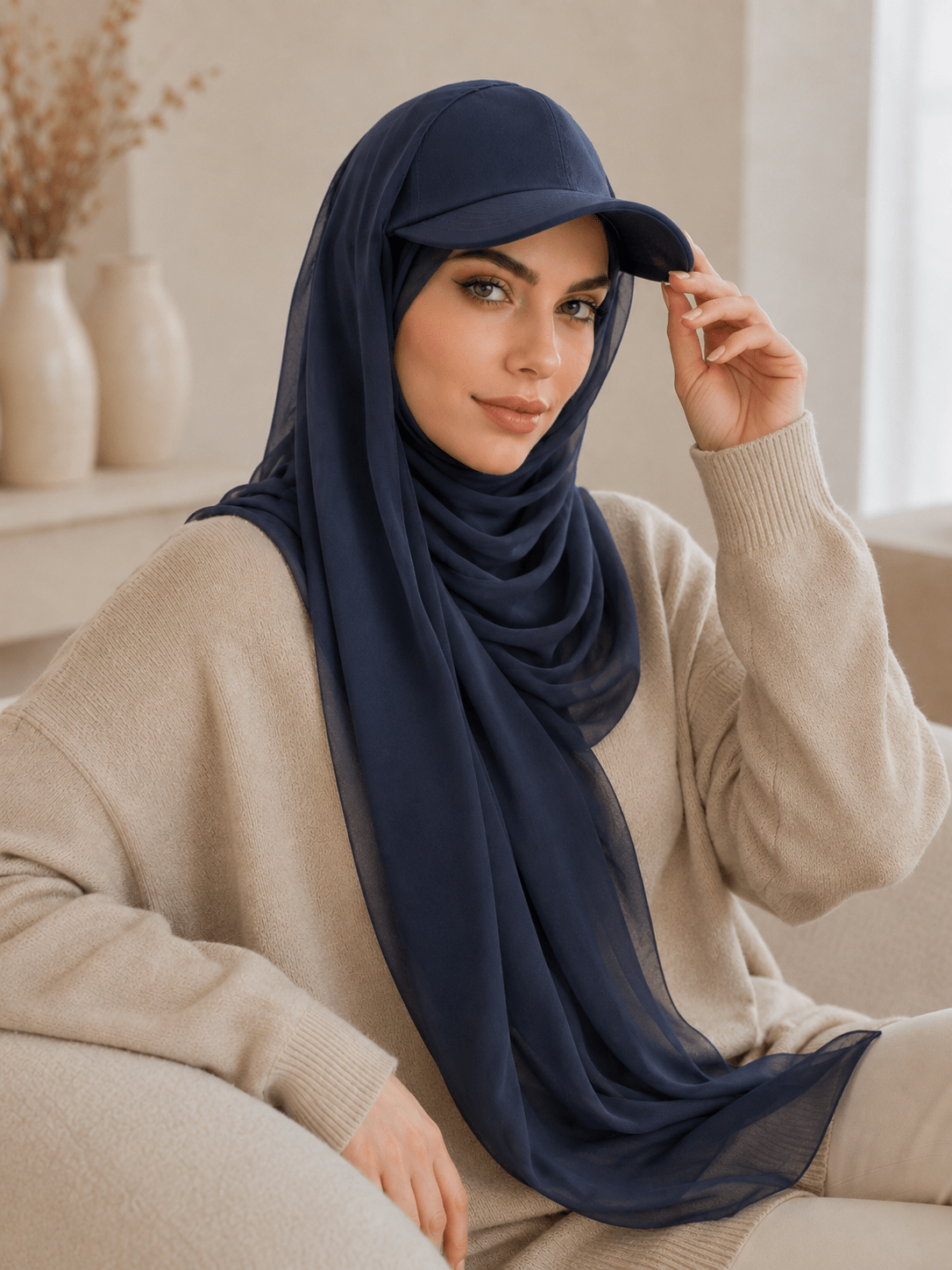 RY605 Navy Blue Chiffon Hijab Baseball Cap – Lightweight Visor Scarf - Raya