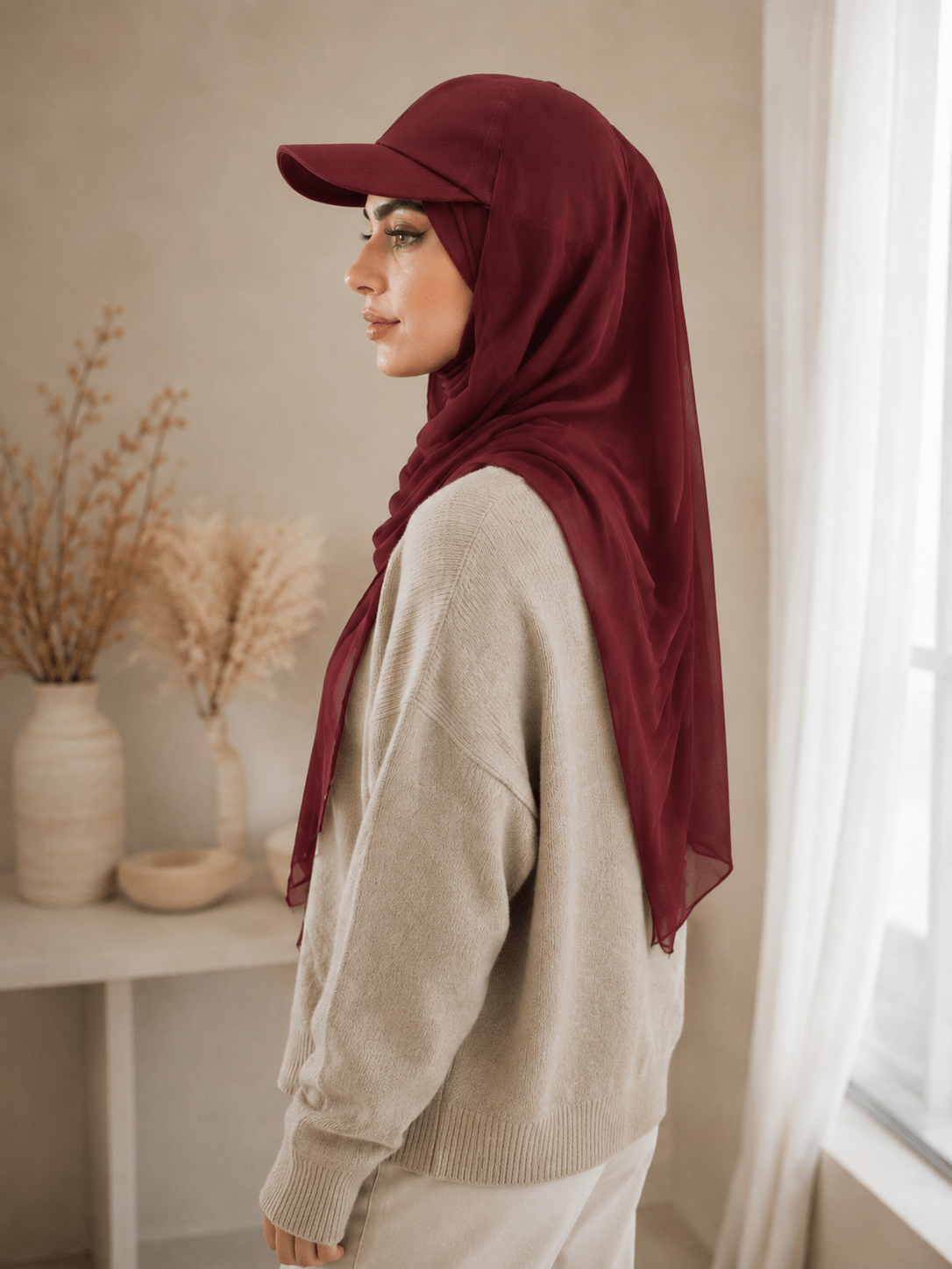RY606 Burgundy Chiffon Hijab Baseball Cap – Lightweight Visor Scarf Hat for Women - Raya