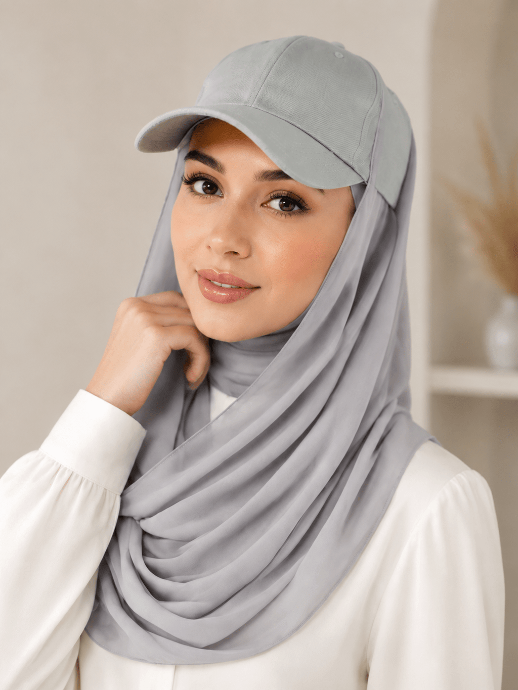 RY607 Light Gray Chiffon Hijab Baseball Cap for Women – Solid Color Modest Scarf Hat - Raya