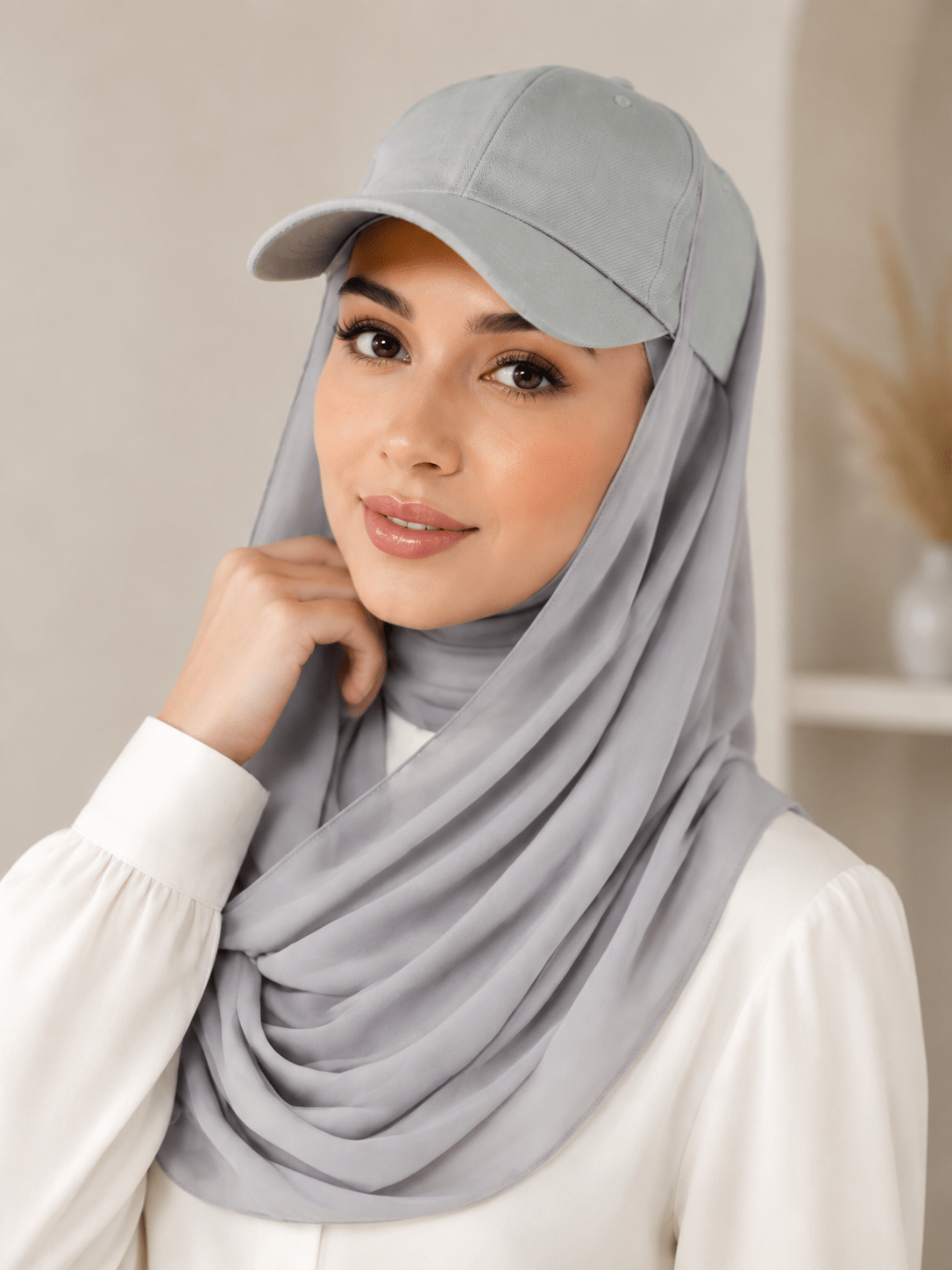 RY607 Light Gray Chiffon Hijab Baseball Cap for Women – Solid Color Modest Scarf Hat - Raya