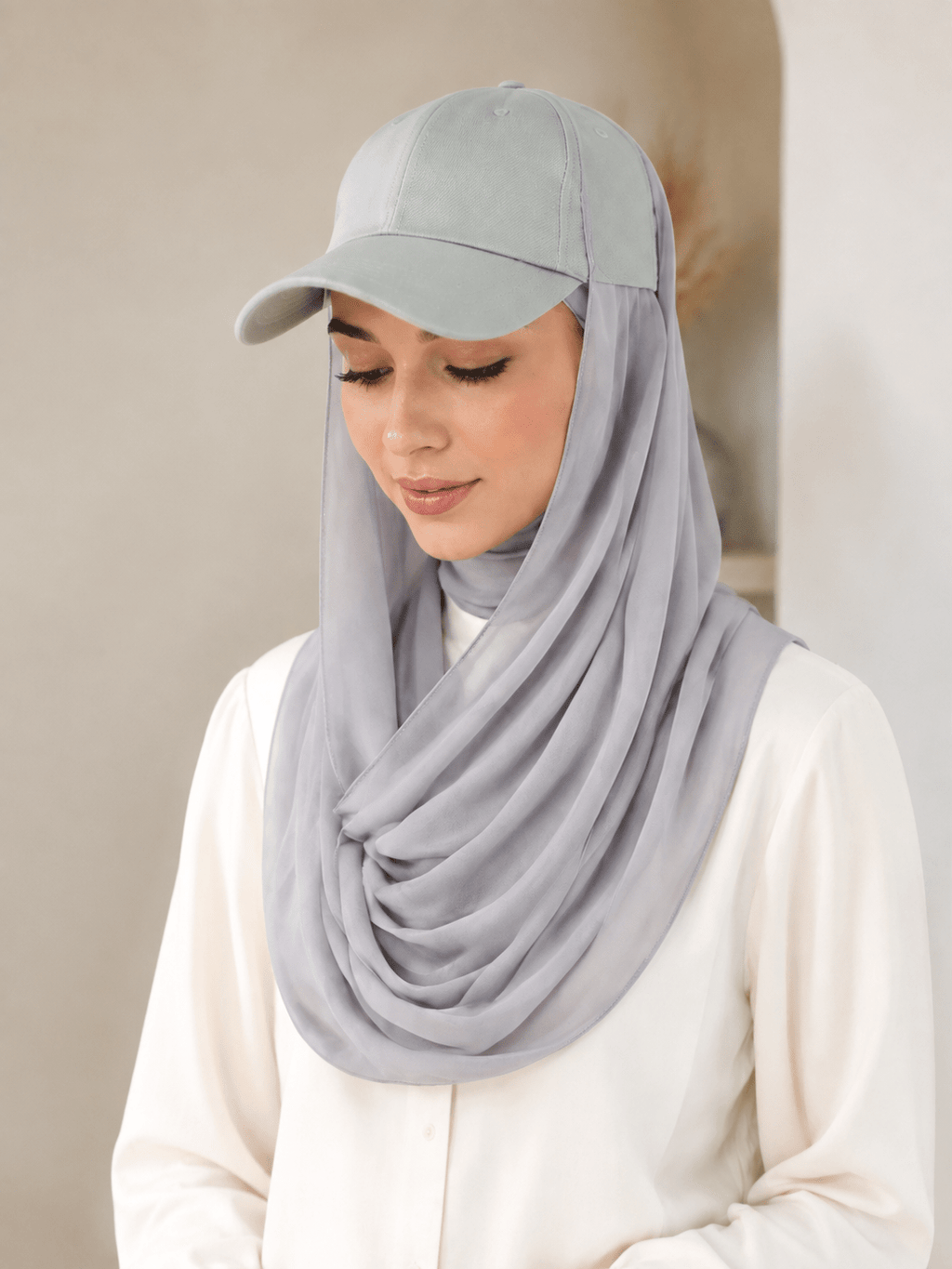 RY607 Light Gray Chiffon Hijab Baseball Cap for Women – Solid Color Modest Scarf Hat - Raya