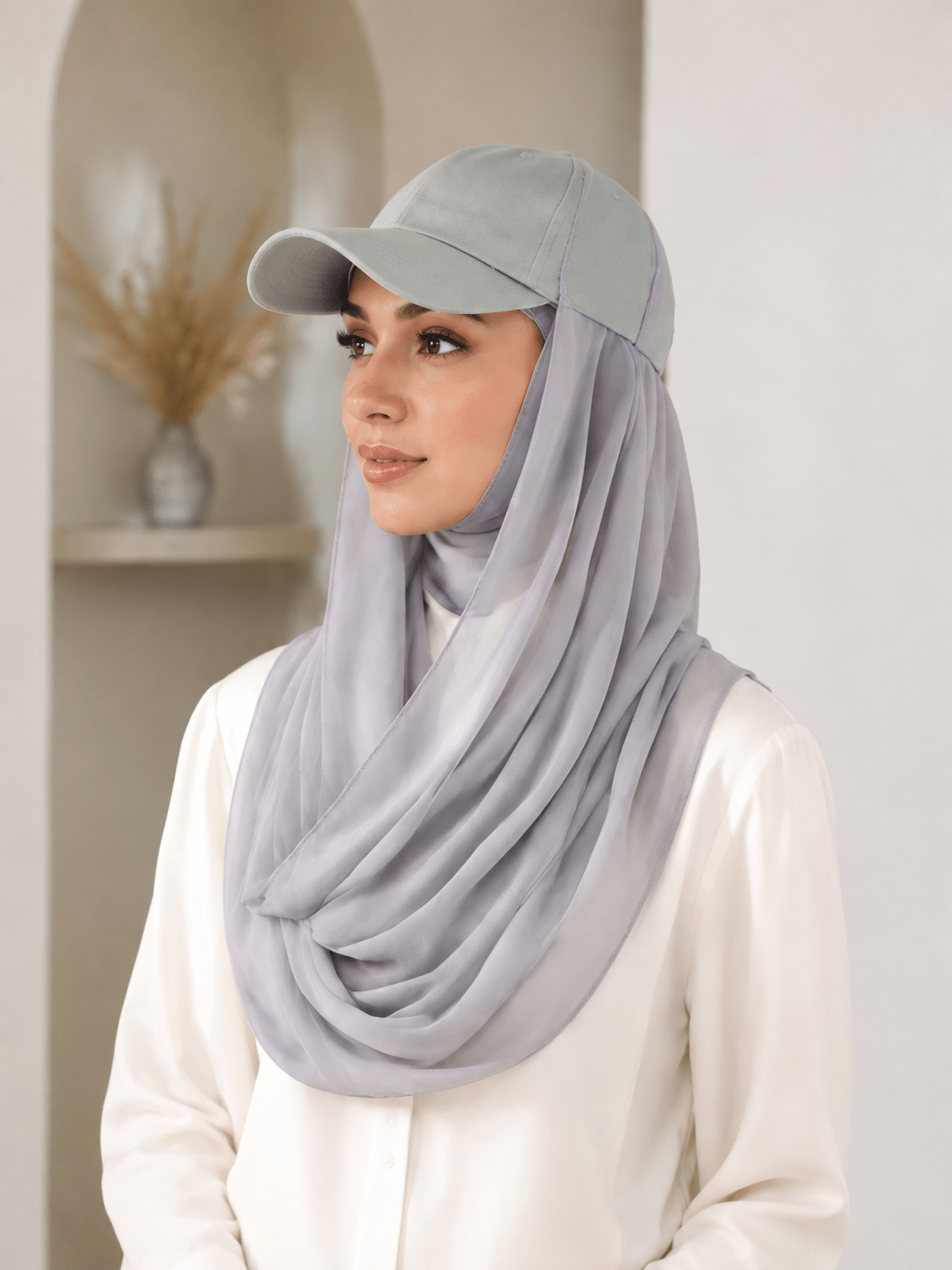 RY607 Light Gray Chiffon Hijab Baseball Cap for Women – Solid Color Modest Scarf Hat - Raya