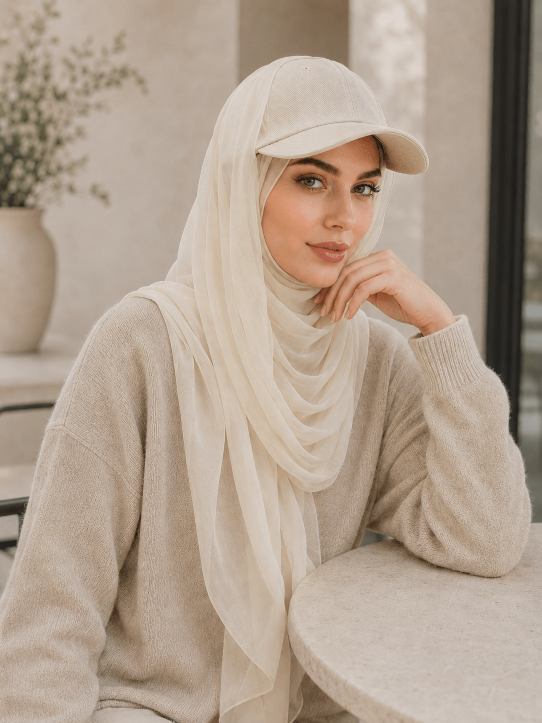RY608 Ivory Chiffon Hijab Baseball Cap for Women – Solid Color Scarf Hat with Sun Protection - Raya