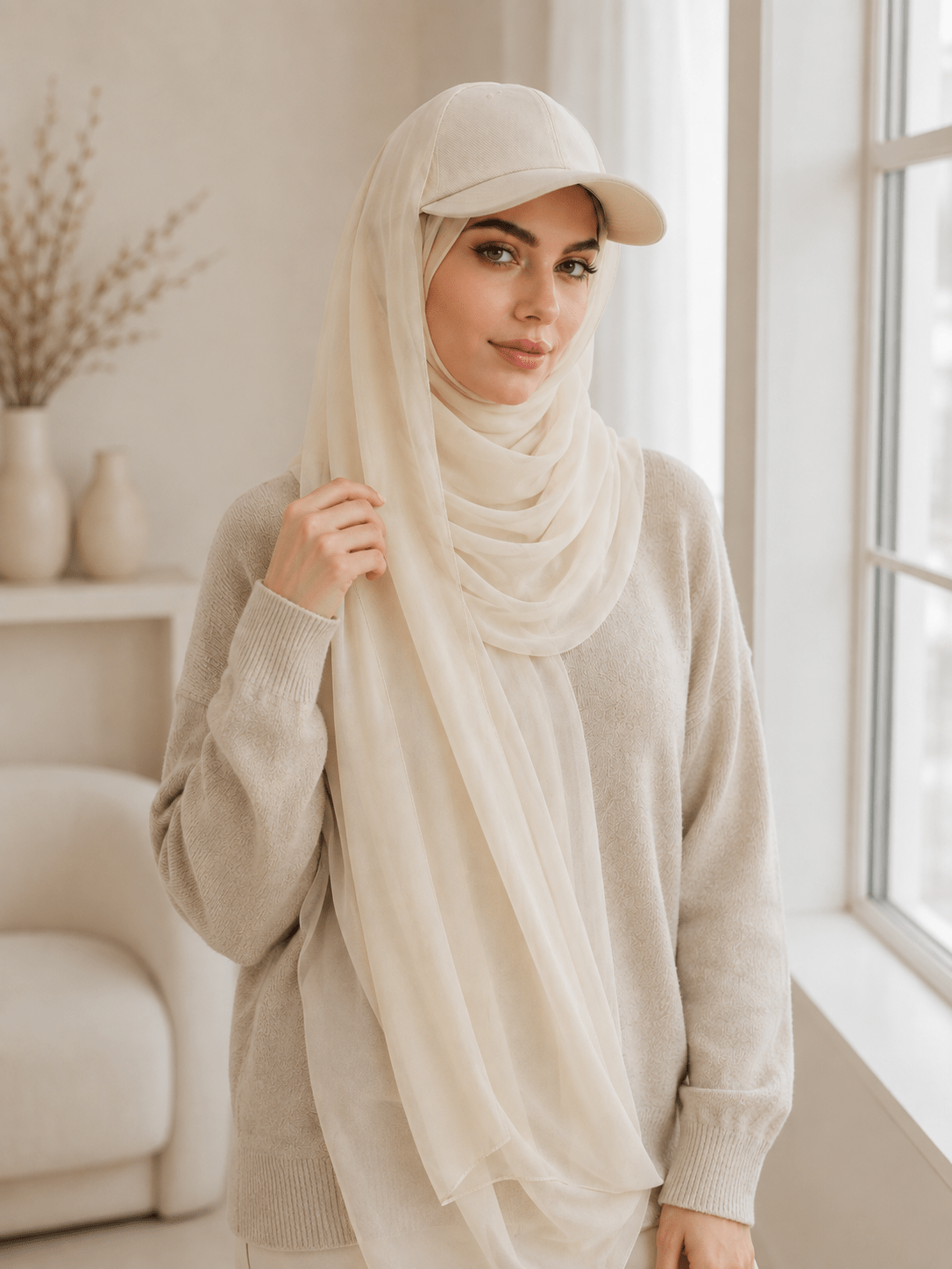 RY608 Ivory Chiffon Hijab Baseball Cap for Women – Solid Color Scarf Hat with Sun Protection - Raya