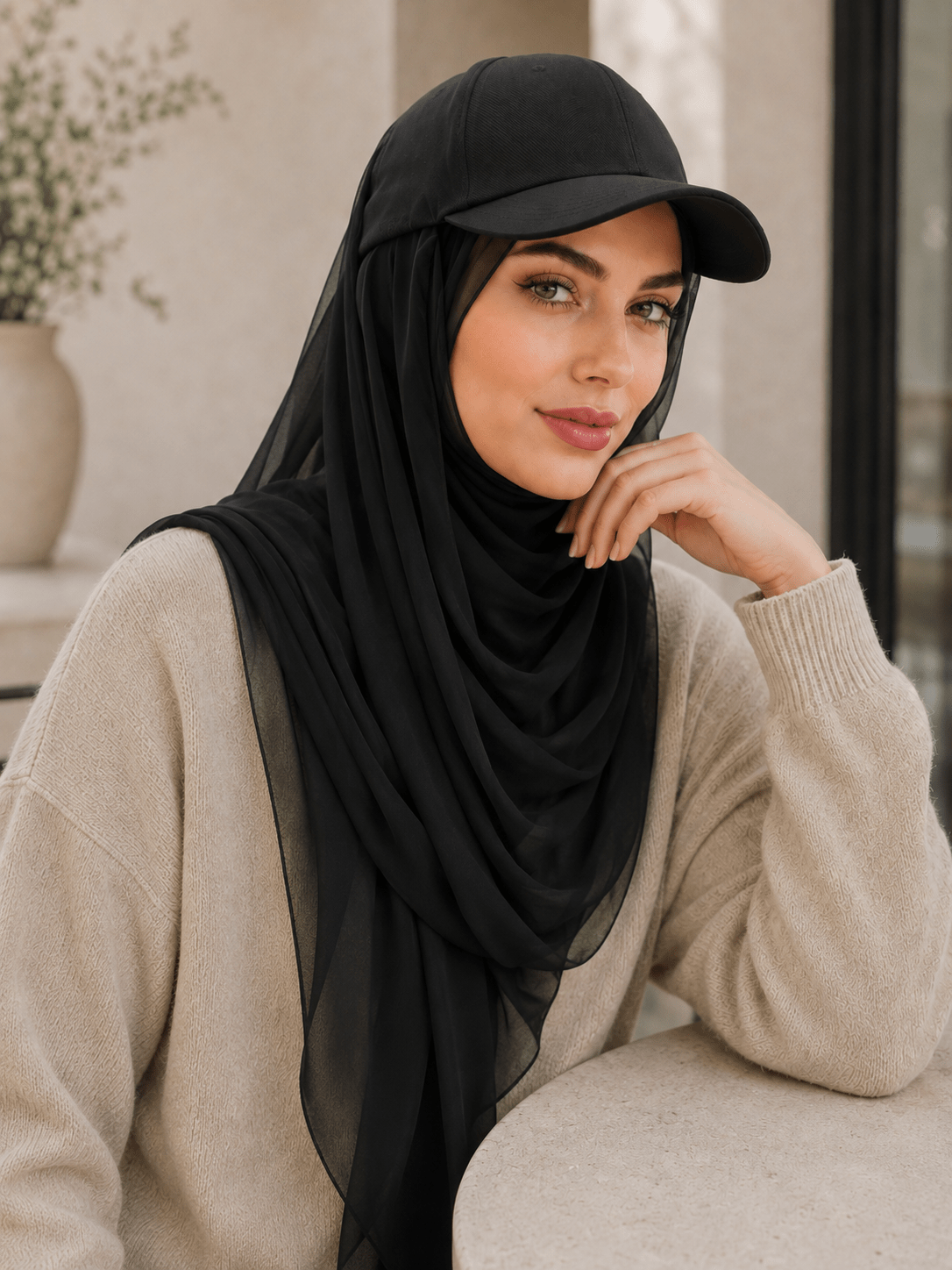 RY609 Black Hat Brim Chiffon Hijab – Women's Baseball Cap Style Ready To Wear Headscarf - Raya