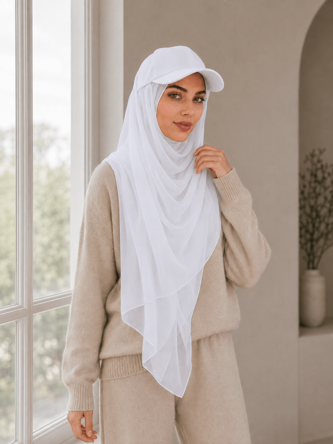 RY610 White Hat Brim Chiffon Hijab – Women's Baseball Cap Style Ready To Wear Headscarf - Raya
