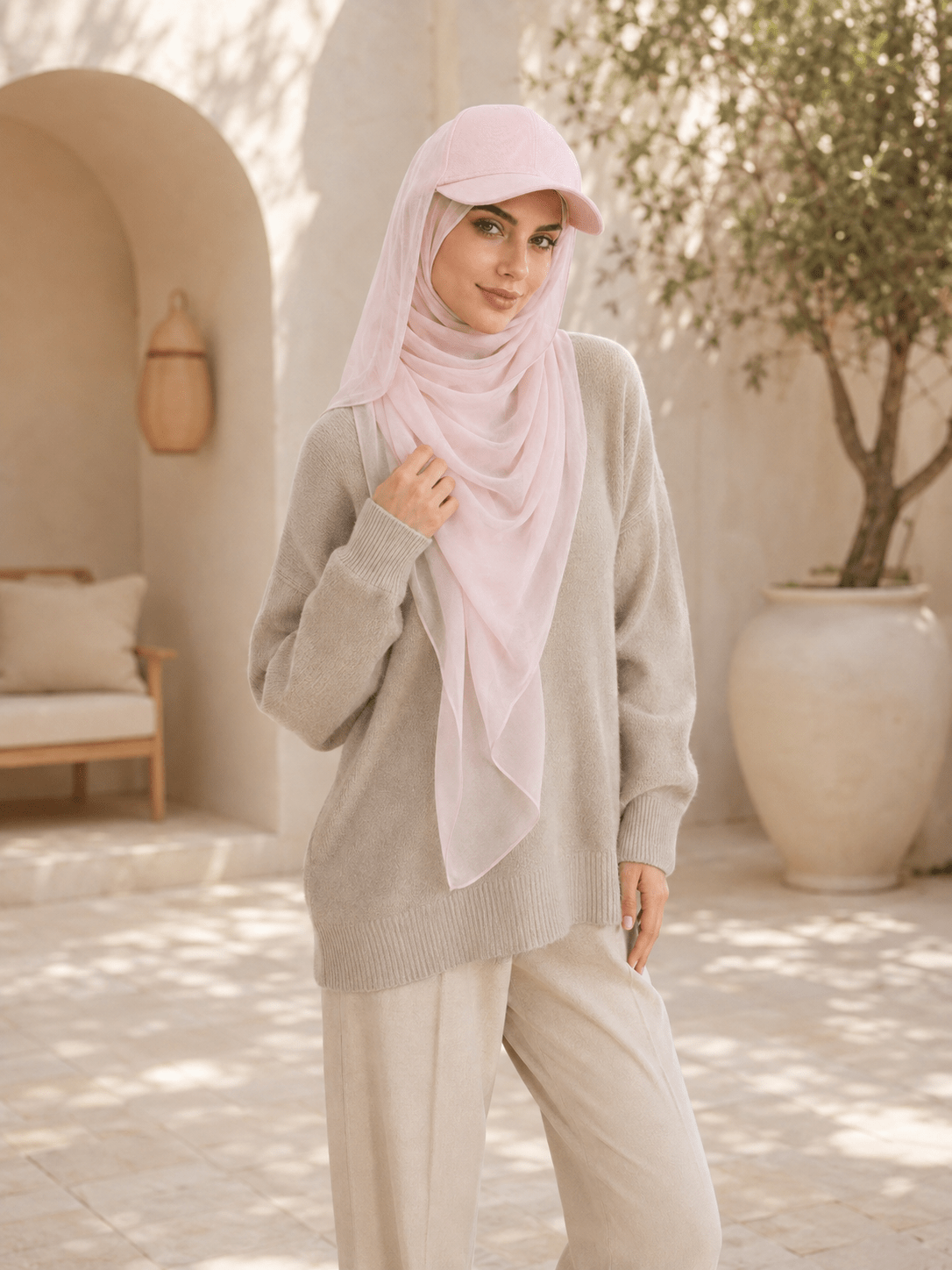 RY611 Light Pink Hat Brim Chiffon Hijab – Women's Baseball Cap Style Ready To Wear Headscarf - Raya