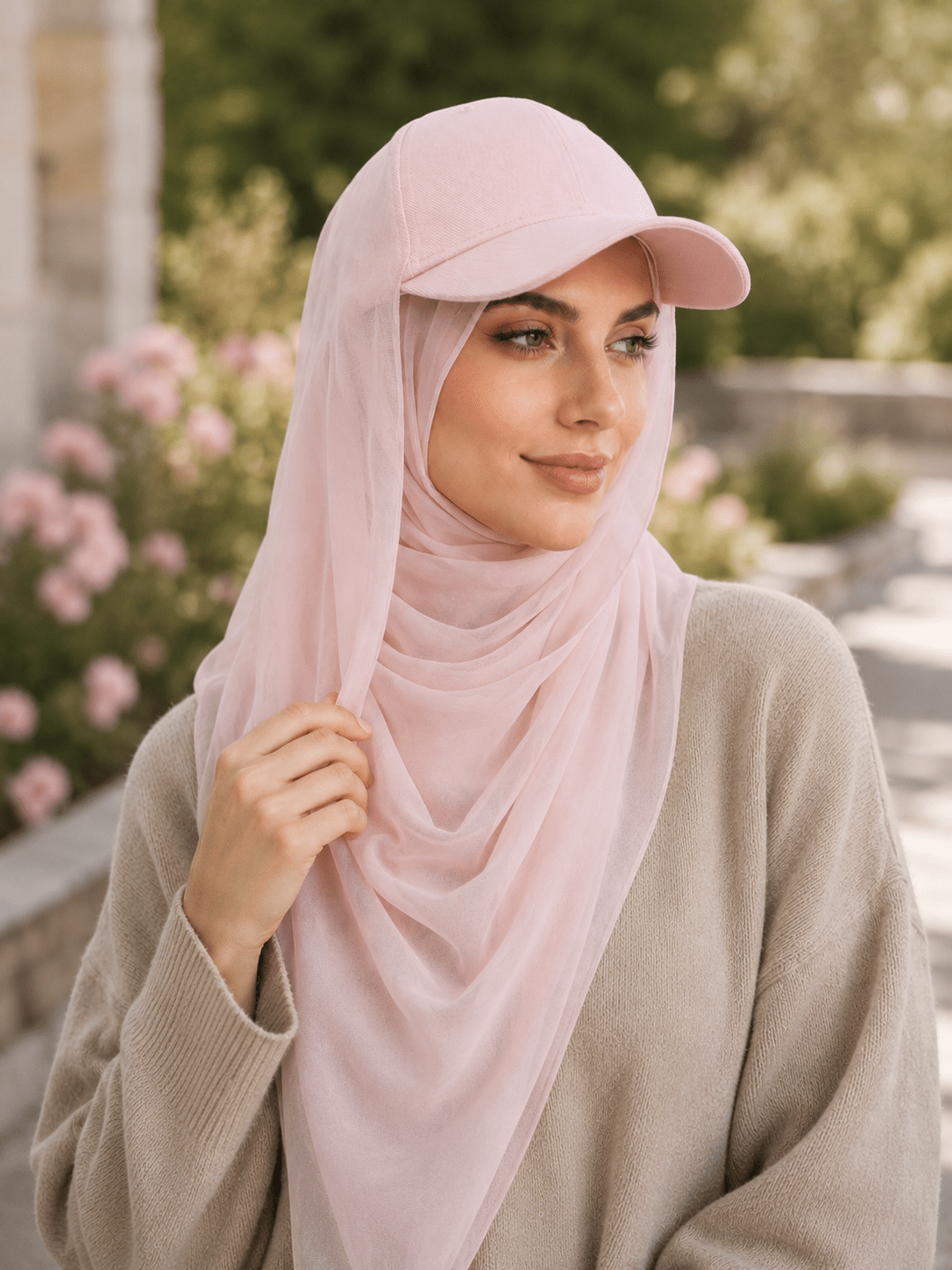 RY611 Light Pink Hat Brim Chiffon Hijab – Women's Baseball Cap Style Ready To Wear Headscarf - Raya