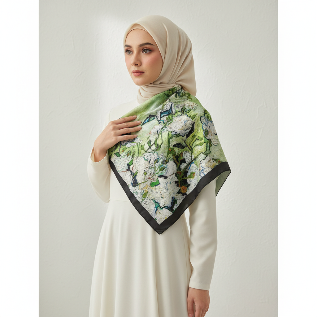 Van Gogh Iris Silk Scarf - Muslim Model